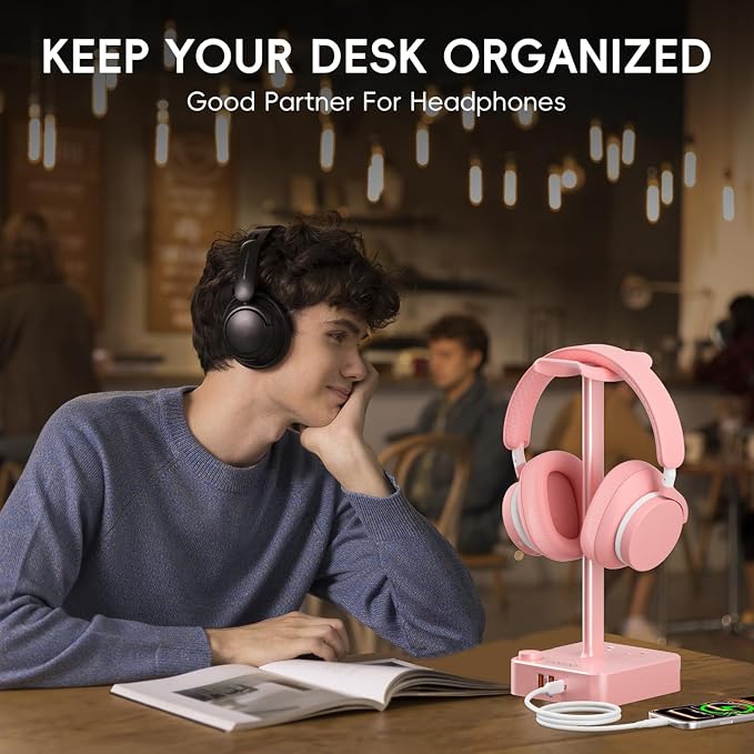 Pink Headphone Stand with USB Charger, Gaming Headset Holder with 3 USB Ports & - Image 8
