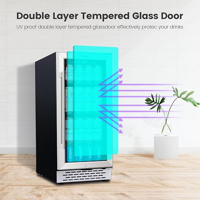 15 Inch Beverage Refrigerator Under Counter, 130 Cans Beverage Fridge with Tempered Glass Door & Lock, 37-65°F Beverage Cooler For Home/Bar, Built-in/Freestanding Mini Drink Cooler(3.53 cu.ft)-DeskLoop Office