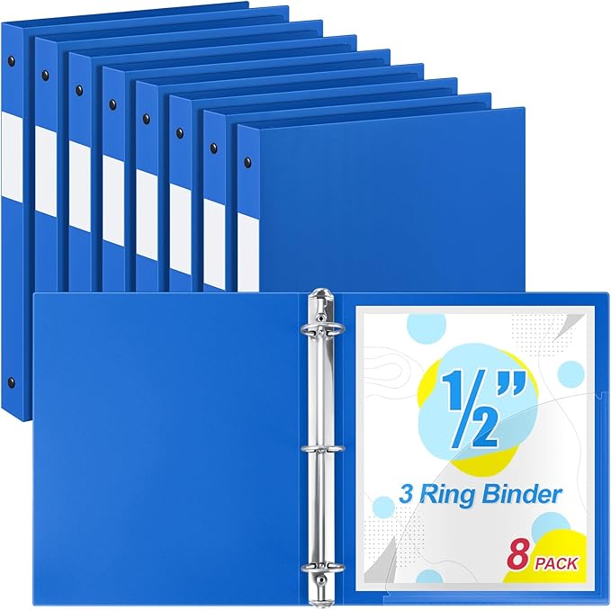 Henoyso 8 Pcs 3 Ring Binder 1/2'' Round Fits Letter Size 8. 5'' x 11'' Paper Plastic Flexible Binder Holds 100 Sheets with 1 Pockets Versatile Organizer for Office Home School (Blue)-DeskLoop Office