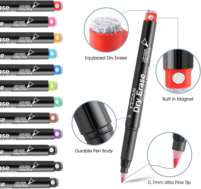 YISAN Dry Erase Markers Ultra Fine Tip, 0.7mm Extra Fine Point, Magnetic - Image 2