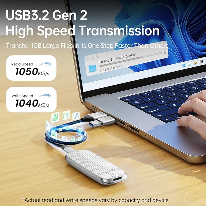 PHIXERO P10PRO External NVMe SSD 2TB, Up to 1050MB/s, USB 3.2 Gen2, Includes 2-in-1 USB C Cable, Portable Hard Drive for iPhone 15+/Android/Windows/Mac, White-DeskLoop Office