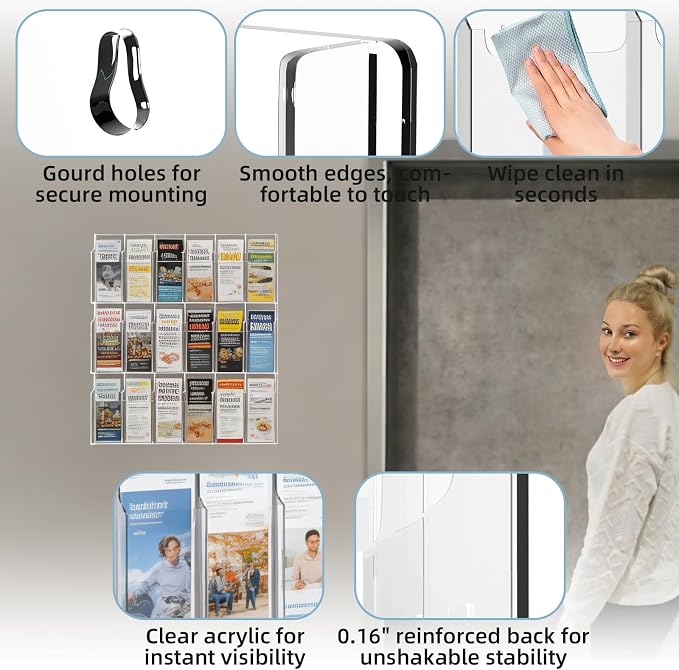 Acrylic Brochure Pamphlet Holder, 18 Pamphlet Holders, Trifold Flyer Rack - Image 3