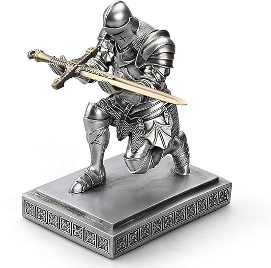 Medieval Armored Warrior Knight Pen Holder Desk Organizers and Accessories Resin Pencil Holder Paperweight as Gift with a Cool Letter Opener for Desk (Silver)-DeskLoop Office