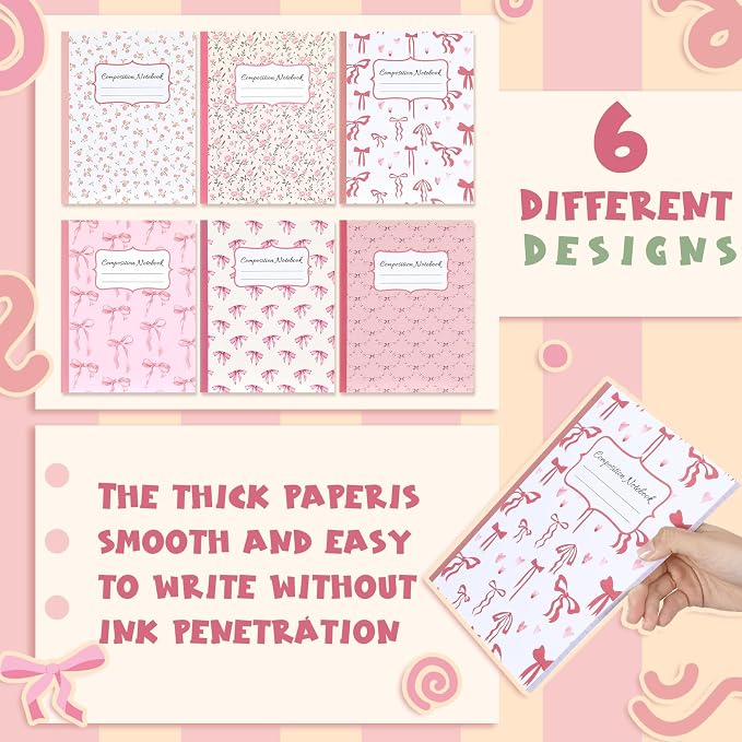 Fullhawl 6 Pack Composition Notebook College Ruled Bulk Pink Bow Composition - Image 6