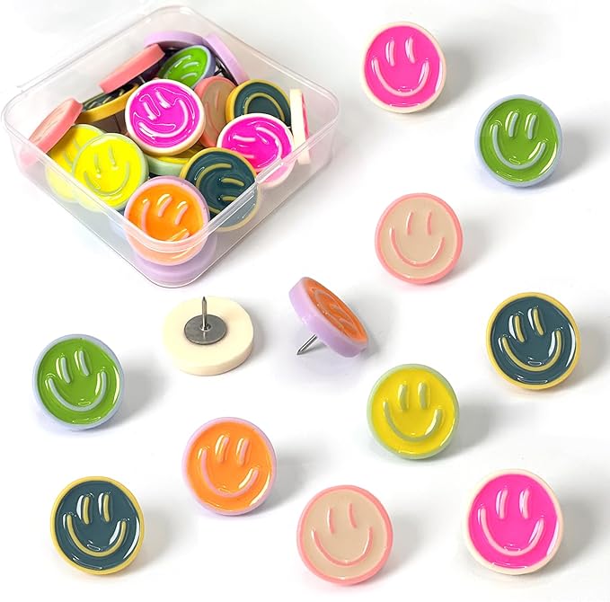24 Smiley Face Decorative Push Pins, Cute Bulletin Board Push Pins, Thumbtacks by KEYDUACU