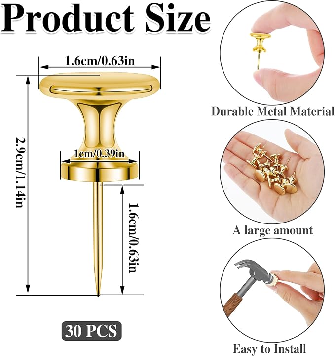 30 Count Jumbo Metal Push Pins 1.14 Inch Gold Giant Thumb Tacks - Image 2