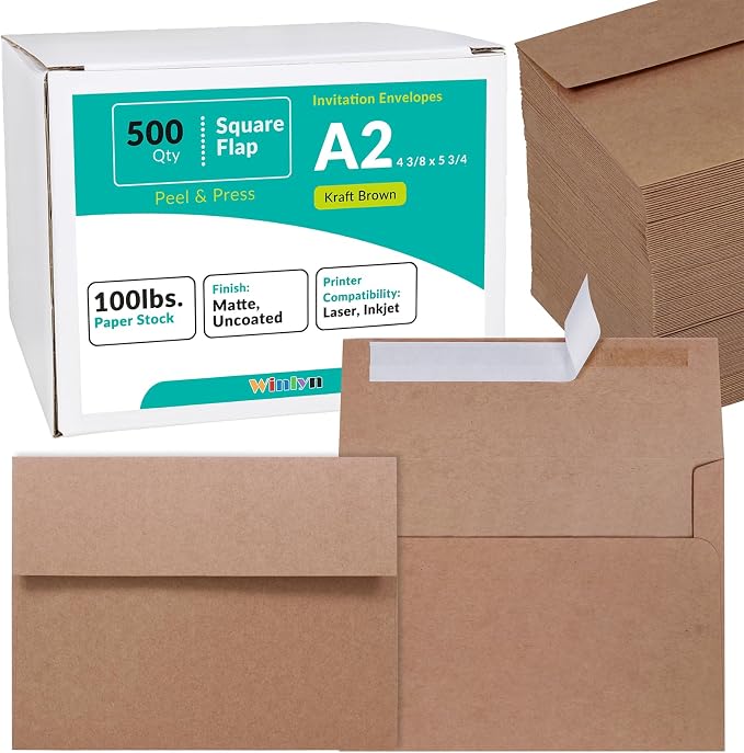 500 Pcs A2 Invitation Envelopes in Kraft Brown Peel & Press Self Seal 4 3/8 x 5 by Winlyn
