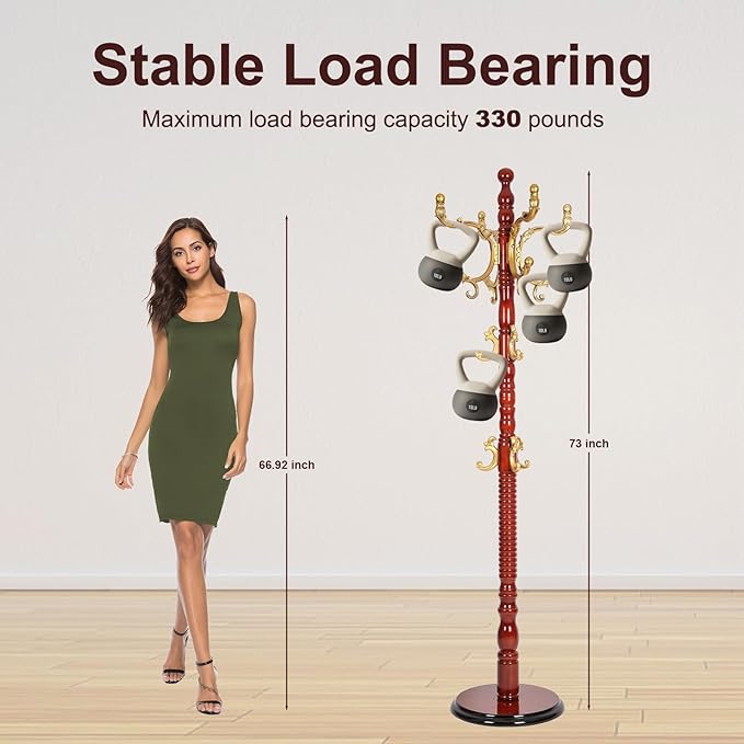 Solid Wood Coat Rack – 73" Freestanding Coat Racks Stand with 14 Hooks & Stable Base, Adjustable Height Modern Wooden Hall Tree for Entryway, Bedroom, Office, Home (Begonia Round)-DeskLoop Office