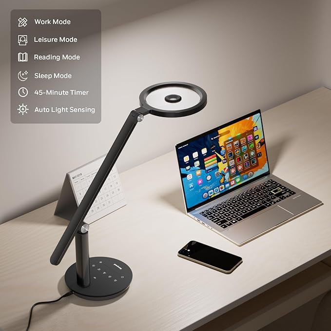 Honeywell Desk Lamp for Home Office, H6 Sunturalux™ Eye-Caring Led Desk Light, 800LM Dimmable Desk Lamp with Timer, Touch Control Tall Desk Reading Light, Table Lamp for Circle Webcam, Study, Bedroom-DeskLoop Office