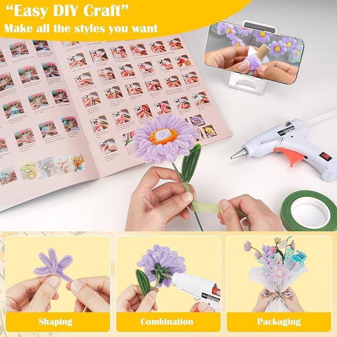 500 PCS Pipe Cleaners Craft Kit for Flower Making Daisy DIY Material Bundle with 20 Stems, 100 Stamens, Ribbon, Tulle, Glue Sticks & Step-by-Step Guide - Vibrant Colors, Non-Shedding, Fade-Resistant-DeskLoop Office