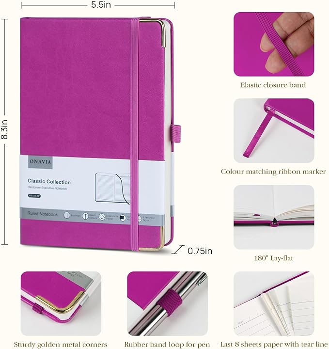 A5 Lined Journal Notebook - 100 GSM Thick Paper, Hardcover Journaling Notebook for Writing, Work, Travel, School, College Ruled Journal for Women Men, PU Leather Note Book, 5.5”x8.3”- Raspberry-DeskLoop Office