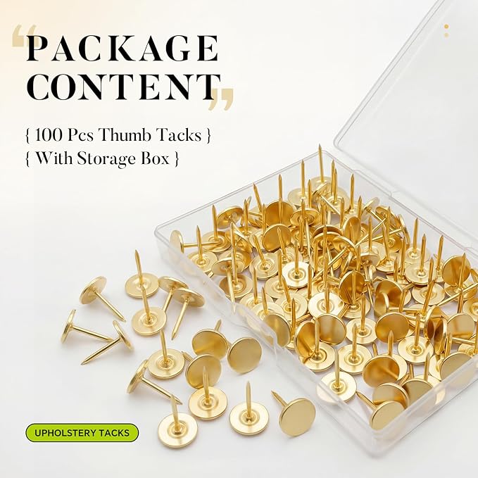 100pcs Heavy-Duty Gold Thumb Tacks, Long Needlepoint Tacks & Gold Push Pins - Image 2