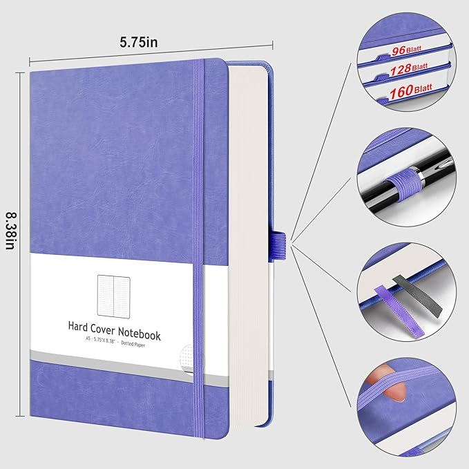 AHGXG Bullet Dotted Journal - 320 Numbered Pages Dot Grid Notebook A5 Thick Journal, 100gsm Thick Dotted Paper, Leather Hardcover,Inner Pocket, 5.75'' × 8.38''-Light Purple-DeskLoop Office