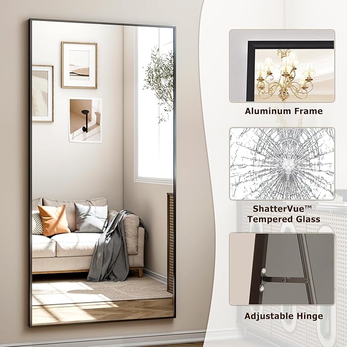 26"x71" Full Length Mirror, Adjustable Standing/Wall Mounted Floor Mirror for Bedroom, Living Room, Entryway, Large Black Leaning Mirror with Shatterproof Glass-DeskLoop Office