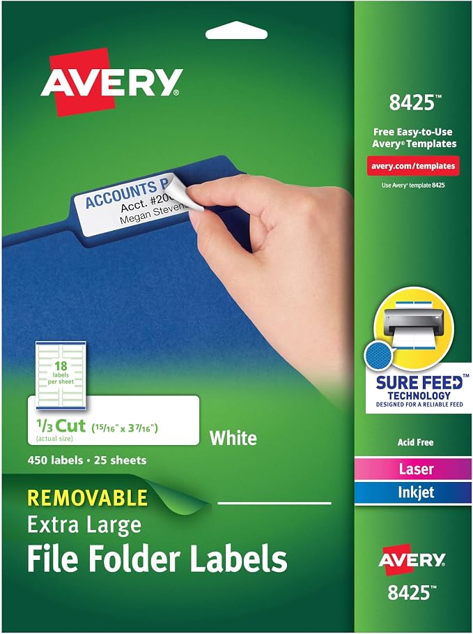 Avery Extra Large File Folder Labels, Removable Adhesive, Matte White, 15/16" x by Avery