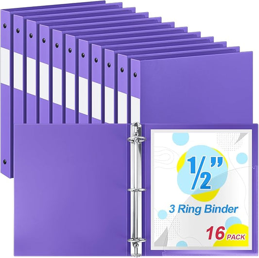 Henoyso 16 Pcs 3 Ring Binder 1/2'' Round Fits Letter Size 8. 5'' x 11'' Paper Plastic Flexible Binder Holds 100 Sheets with 1 Pockets Versatile Organizer for Office Home School (Purple)-DeskLoop Office
