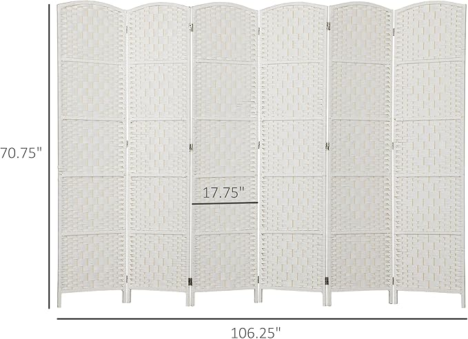 HOMCOM Room Divider, 6 Panel Folding Privacy Screen, 6FT Tall Portable Wicker Weave Partition Wall Divider for Bedroom, Home Office, White-DeskLoop Office
