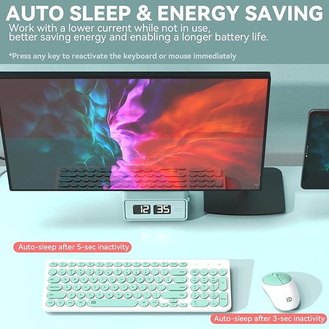 FD Wireless Keyboard and Mouse Combo - 2.4GHz USB Cordless, Cute Round Keys, Quiet and Slim Set for Laptop, Computer, TV, and Mac - Mint Green & White-DeskLoop Office