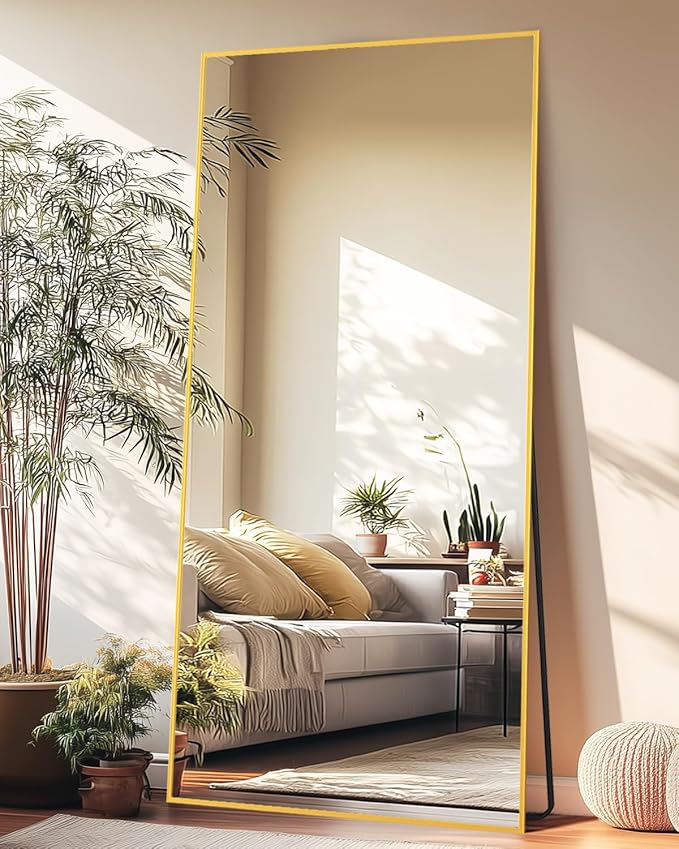 Full-Length Floor Mirror with Stand, 58"x21" Rectangle Style Full Body Standing Mirror for Bedroom, Living Room, Gym, Dorm - Shatter-Resistant & Easy Assembly, Gold-DeskLoop Office