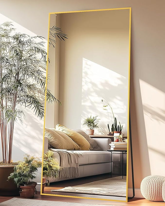 Full-Length Floor Mirror with Stand, 58"x21" Rectangle Style Full Body Standing Mirror for Bedroom, Living Room, Gym, Dorm - Shatter-Resistant & Easy Assembly, Gold-DeskLoop Office