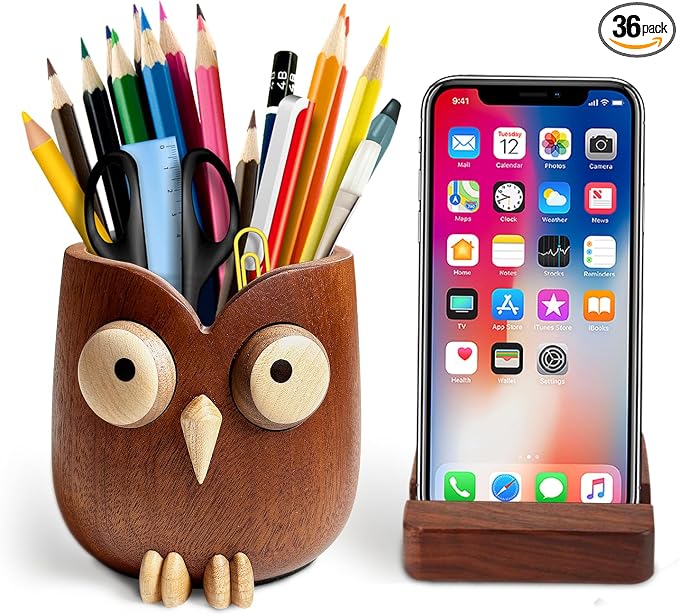 WODTILIFE Cute Owl Pen Holder for desk and walnut Phone Stand, Fun ebony pencil by Unknown