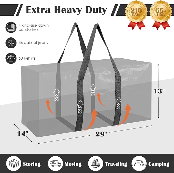 6 Pack Moving Bags with Full-Open Side Zipper, Extra Large 93L Heavy Duty - Image 2