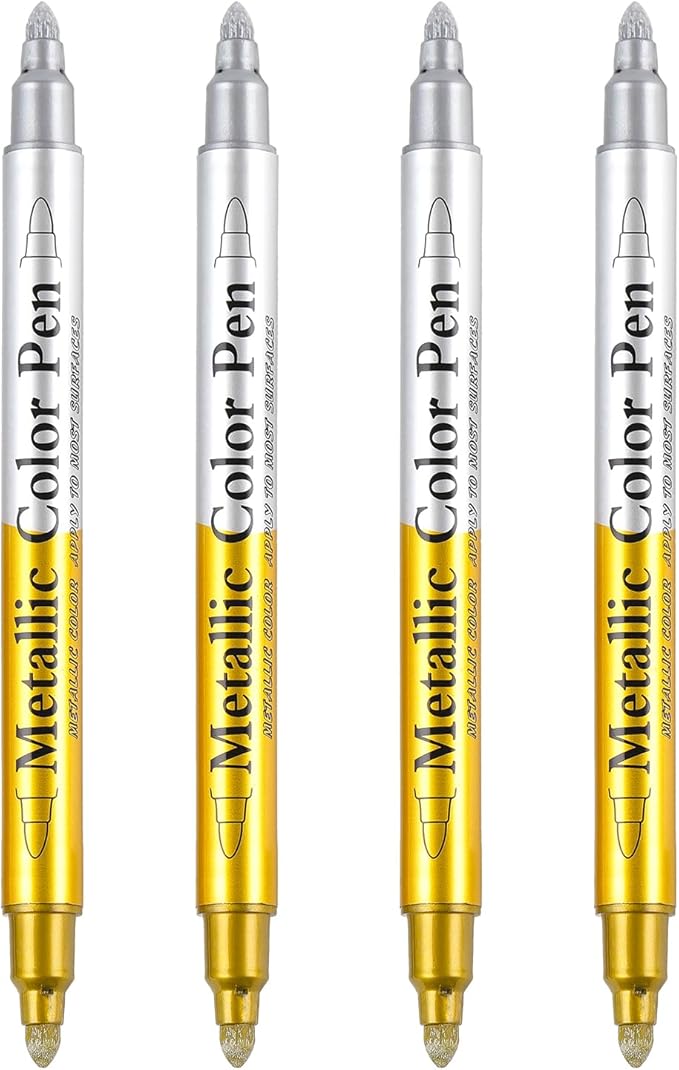 Dyvicl Metallic Marker Pens Dual Tip, Permanent Metallic Silver and Gold Paint Pens for Black Paper, Wine Glass, Rock Painting, Christmas Card Making, Scrapbook, DIY Art Crafts, Set of 4-DeskLoop Office