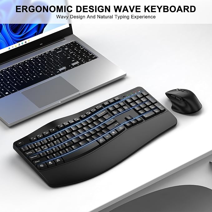 Wireless Keyboard and Mouse Combo, 2.4G Full Size Wave Keys Ergonomic Keyboard - Image 2