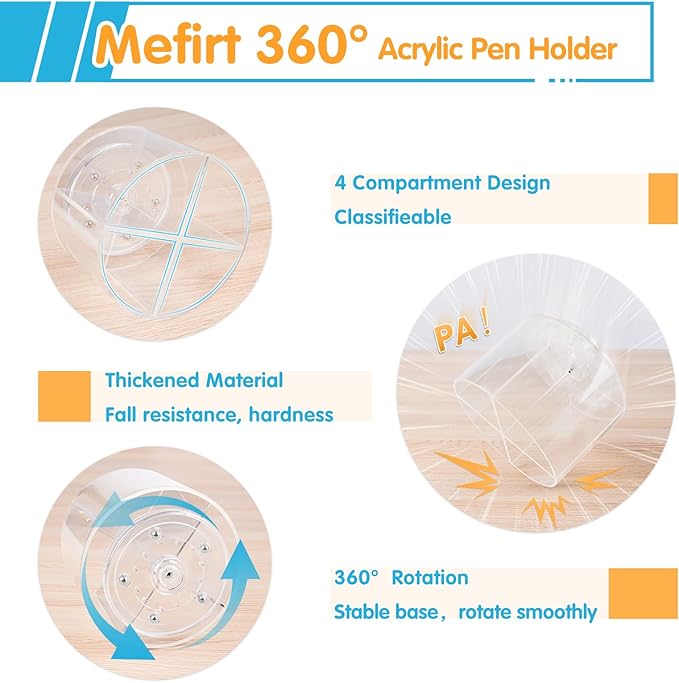 Acrylic Pen Holder, 360 Degree Marker Organizer for Desk, Rotating Desk Storage With 4 Compartments, Art Supply Crayon Holder for Office School Home, Clear-DeskLoop Office