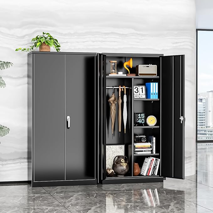 INTERGREAT Metal Storage Cabinet with Lock,Storage Wardrobe Cabinets with 4 Adjustable Shelves and Hanging Rod,Black Wardrobe Cabinet with Lockable Doors for Home Office,Warehouse,Garage-DeskLoop Office