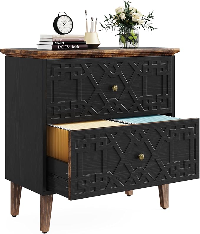 LITTLE TREE 2-Drawer File Cabinet, Lateral Filing Cabinet for A4/Letter/Legal Size, Office Storage Cabinet, Printer Stand with Storage Drawer for Home Office, Black-DeskLoop Office