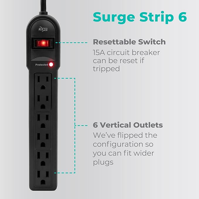 KMC 6-Outlet Surge Protector Power Strip 2-Pack, 900 Joules, 4-Foot Extension Cord, Overload Protection, Black-DeskLoop Office