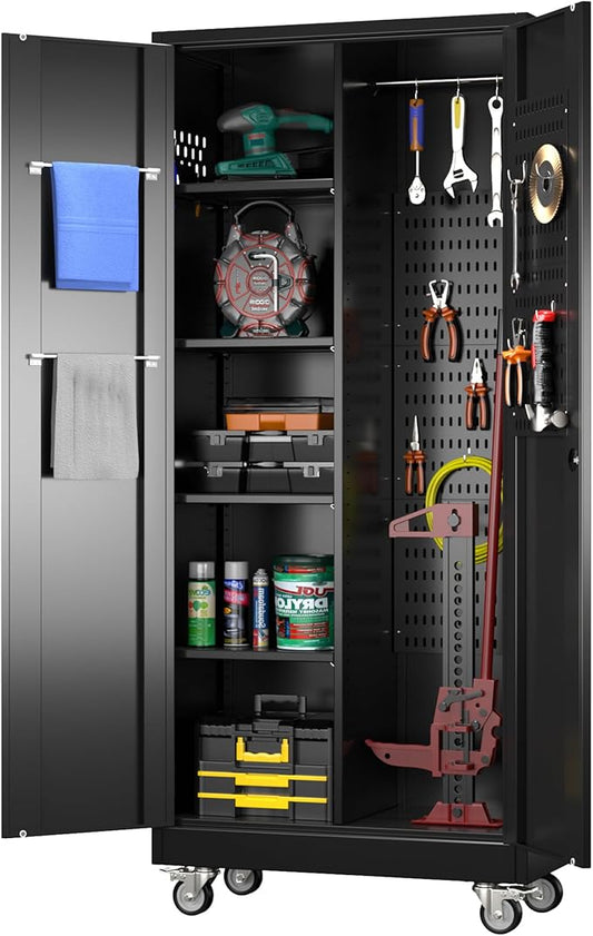 Garage Storage Cabinet with Wheels, Metal Tool Cabinet with Pegboards and 4 Adjustable Shelves, Garage Storage System with Lockable Door for Shools, Offices, Gyms and Pantries, Black-DeskLoop Office