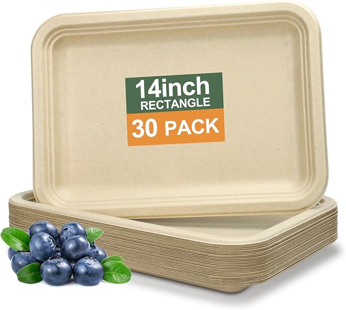 Disposable Paper Plates, 30 Pack Bagasse Food Trays, 14 Inch Compostable & by BangShou