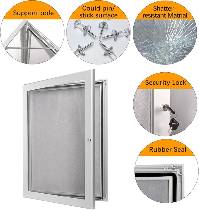 Locking Enclosed Bulletin Board Aluminum Memo Board Wall Mount Noticeboard with Rubber Seal Tamperproof Single Door Display Case for Indoor Or Outdoor Use, 26.8×20 in-DeskLoop Office