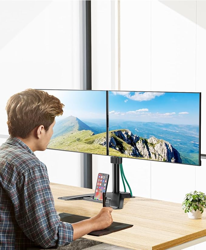 MOUNT PRO Dual Monitor Stand, Free-Standing Full Motion Monitor Desk Mount Fits 2 Screens up to 27 inches,17.6lbs with Height Adjustable, Swivel, Tilt, Rotation, VESA 75x75 100x100, Black-DeskLoop Office
