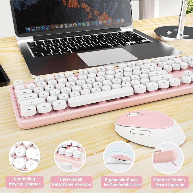 Wireless Keyboard and Mouse Combo, Ergonomic Full Size Typewriter Retro Round Keycaps Keyboard, Compatible with Windows, PC, Perfer for Home and Office Keyboards (Lovely Pink)-DeskLoop Office