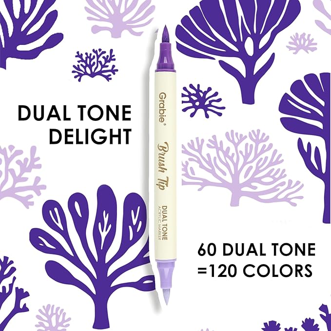 Grabie 120 Colors Dual Tone Brush Tip Acrylic Markers, Dual-Color Paint Markers with 60 Brush Tips, Double Tipped Acrylic Paint Pens for Fabric, Canvas,DIY, Canvas Art Supplies-DeskLoop Office