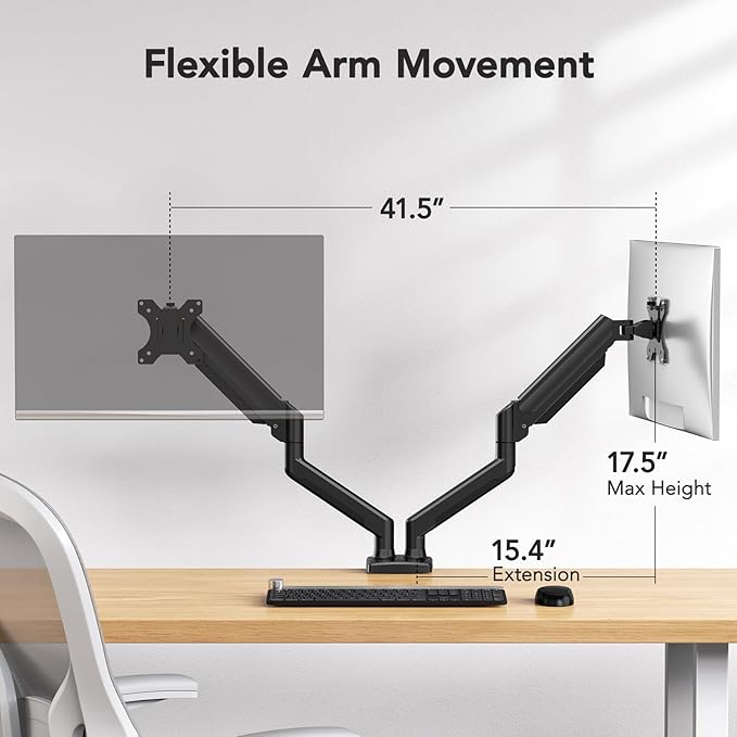 HUANUO Dual Monitor Mount for 2 Monitors up to 32 inches, Each Arm Holds Max 22lbs, Dual Monitor Stand with Gas Spring System, Height-Adjustable/Tilt/Swivel/Rotate, VESA Standard 75mm or 100mm-DeskLoop Office