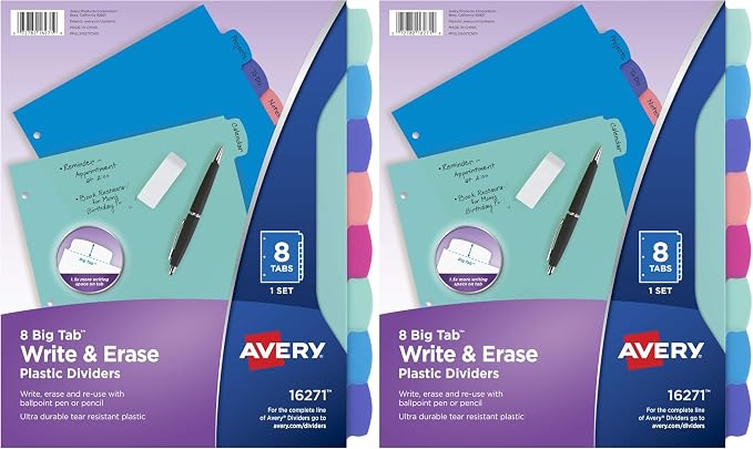 Avery Write & Erase Dividers for 3 Ring Binders, 8 Tabs per Set, Binder by Avery