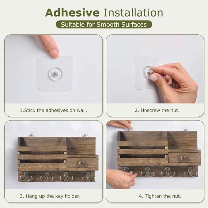 Key Holder Wall Mount, Wooden Adhesive Mail and Key Organizer - Image 7