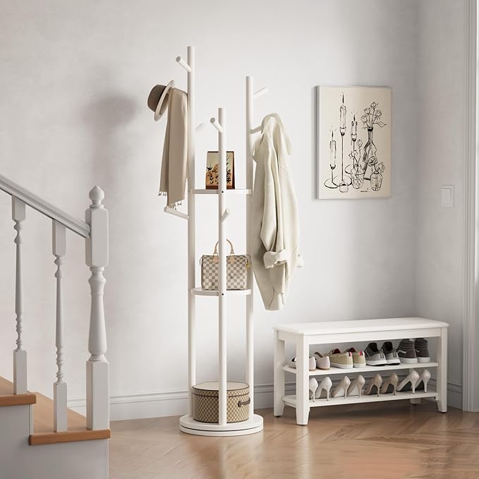 Solid Wood Rotary Coat Rack, Freestanding Coat Rack with 3 Shelves and 9 Hooks, Coat tree for Bedroom, Entryway, Livingroom, Coat Hanger Stand for Coats, Scarves, Handbags (White)-DeskLoop Office