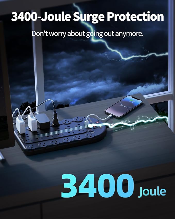 20 Ft Power Strip Surge Protector (3,400 Joules), DEPOW 24 AC Multiple Outlets (1875W/15A) with 6 USBs (2 USB-C Ports), ETL Listed, Flat Plug Heavy Duty Long Extension Cord for Home, Office, Black-DeskLoop Office