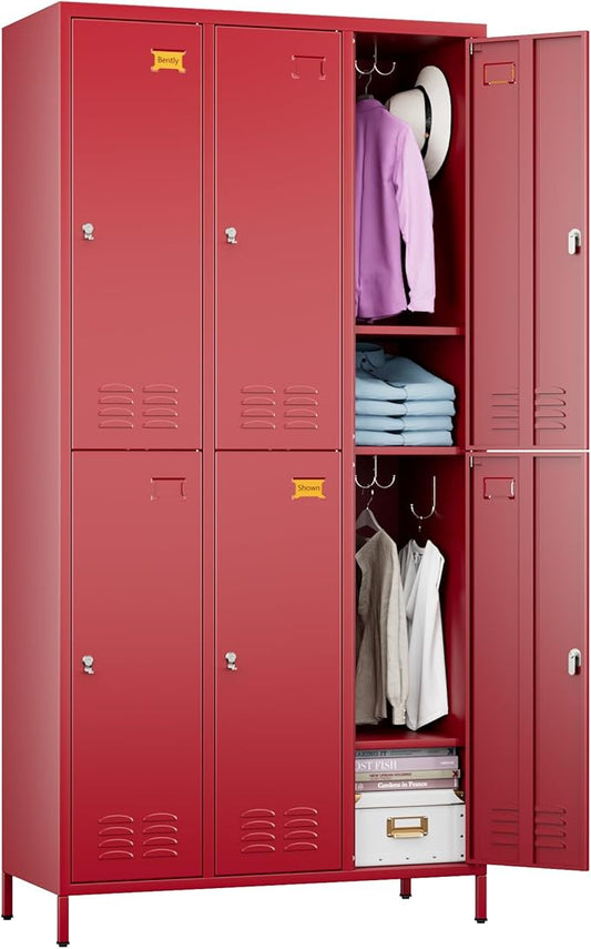 6 Doors Metal Locker with Business Card Holder and 18 Hooks,Metal Locker for Employees with Ventilation Holes for School Garage Office Gym Home,Assembly Required,Red-DeskLoop Office