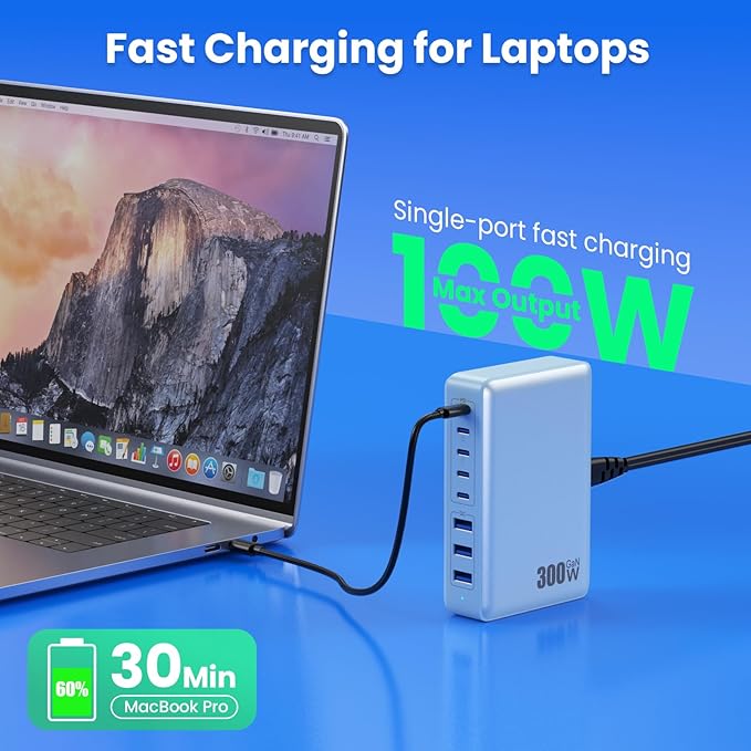 USB C Charger 300W USB C Charger Block 8-Ports GaN IV Fast Charging Station,PD 100W Laptop Charging Hub Wall Adapter Compatible with MacBook/Air,DELL,Steam Desk,iPhone 16/15/14,Galaxy S24 etc-DeskLoop Office