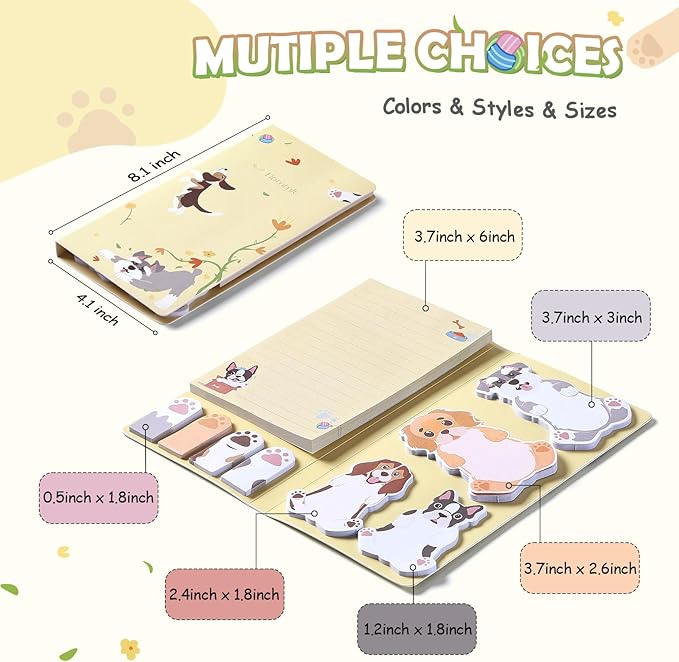 Hommie Cute Sticky Notes, Dog Sticky Notes Set Planner Dividers Self-Stick Notes Pads Animal Divider Tabs Bundle Writing Memo for Dog Lovers Office School Supplies-DeskLoop Office