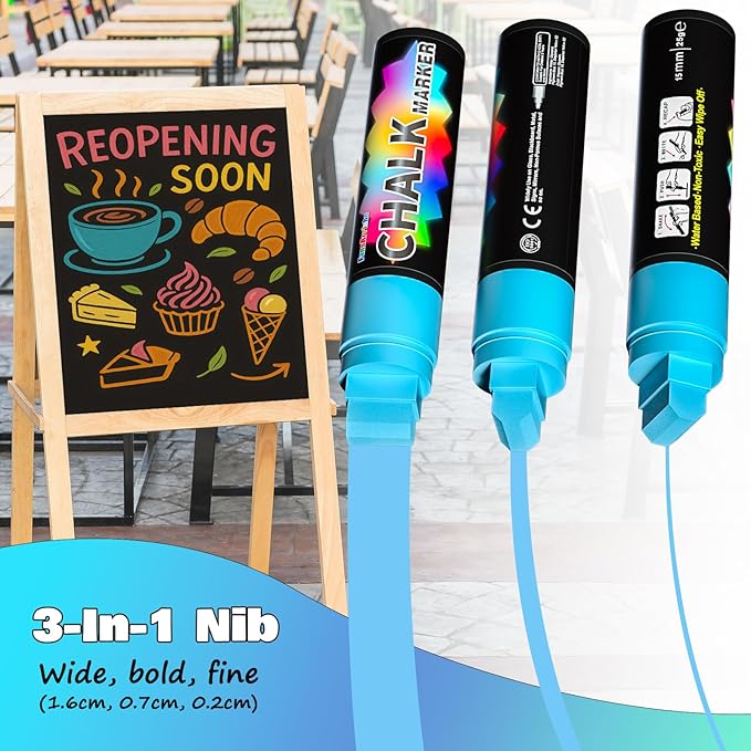 FansArriche Liquid Chalk Markers, 15mm Jumbo Car Window Markers, 8 Pack Erasable Neon Chalk Pens for Chalkboard, Blackboard, Glass, Signs, 3-in-1 Nib-DeskLoop Office