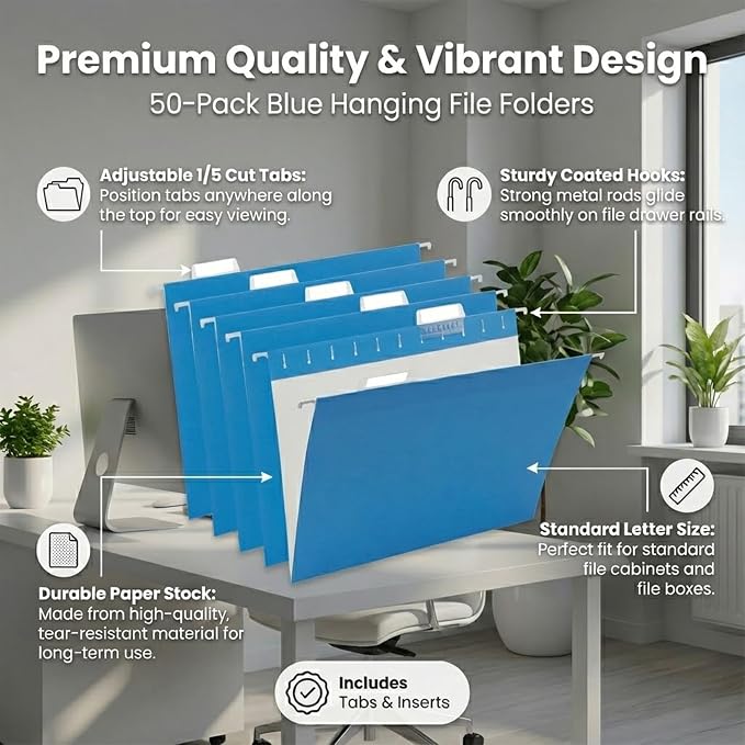 Blue Hanging File Folders, 50 Packs Reinforced Hang Folders, Designed - Image 2