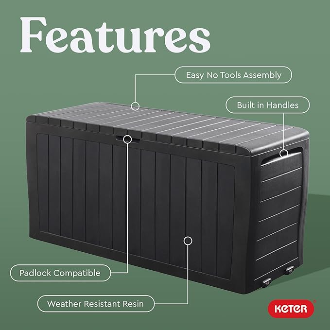 Keter Marvel Plus 71 Gallon Resin Deck Box-Organization and Storage for Patio Furniture Outdoor Cushions, Throw Pillows, Garden Tools and Pool Toys, Dark Grey-DeskLoop Office