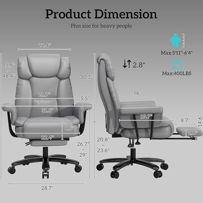 GYI Criss Cross Chair with Wheels, 160°Big and Tall Reclining Office Desk Chair with High Back, Wide Seat, Arms, Footrest, Grey-DeskLoop Office
